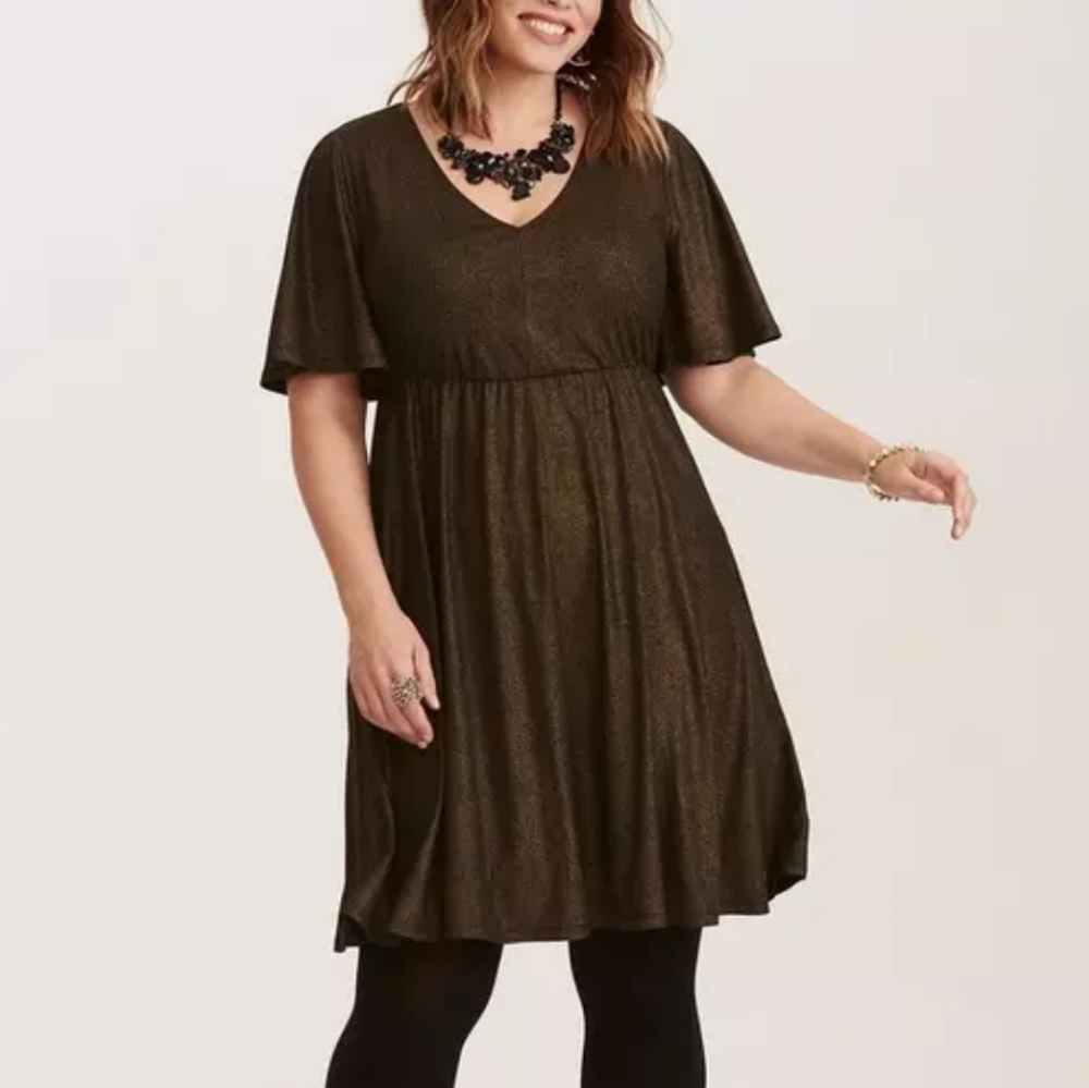 Plus Size 4x Torrid Gold Shimmer V-Neck Skater Dress Womens